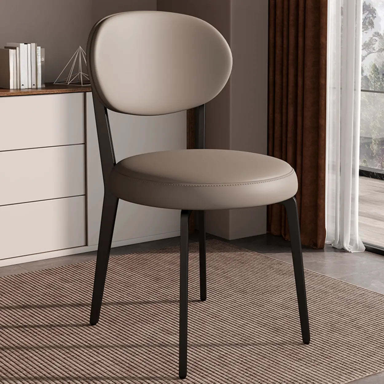 Contemporary Leather Curved Back Dining Chair — Khaki / Black