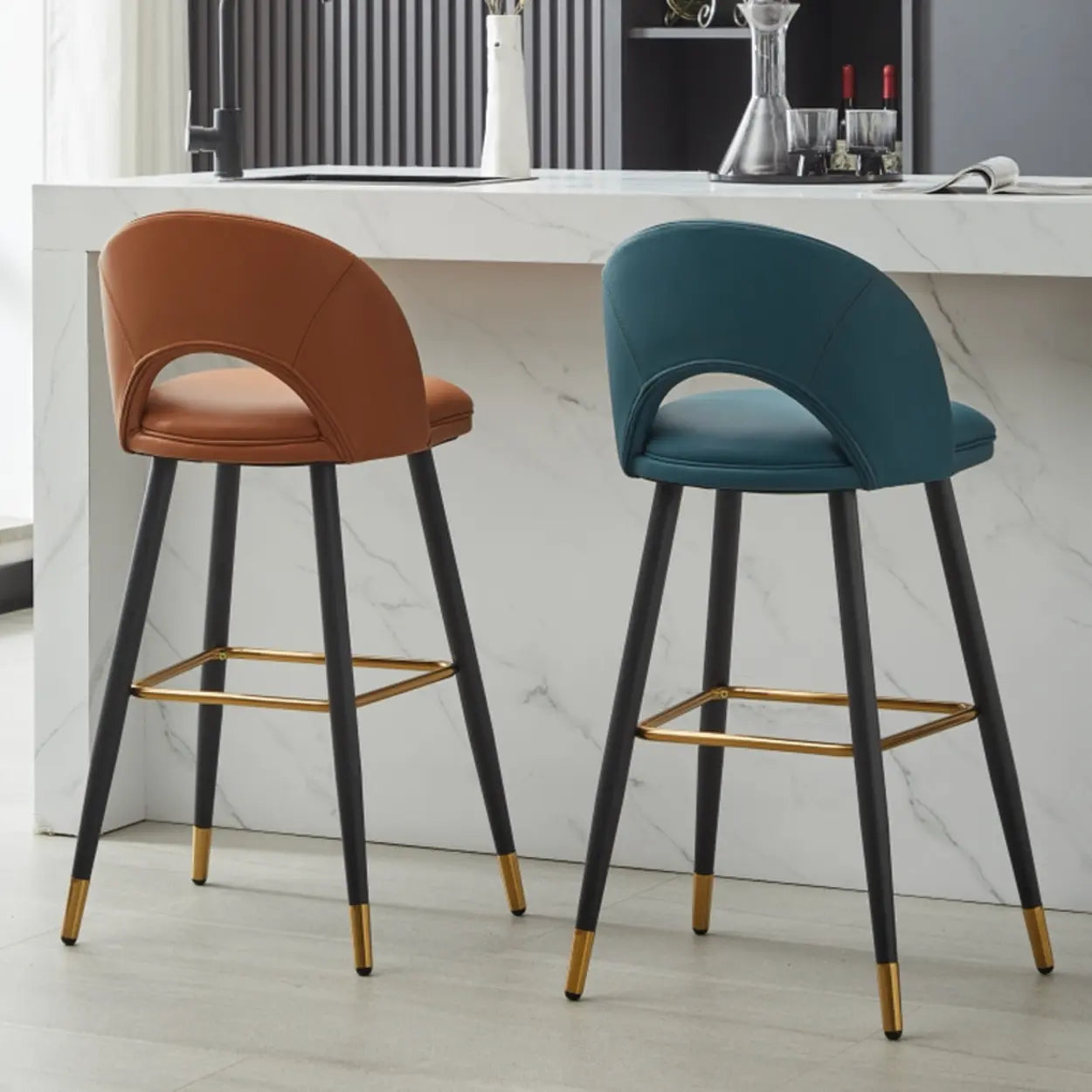 Contemporary Leather Curved Back Bar Stool — Brown