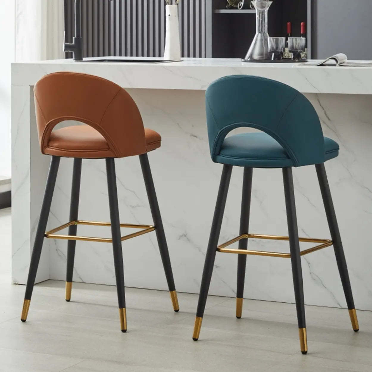 Contemporary Leather Curved Back Bar Stool — Brown