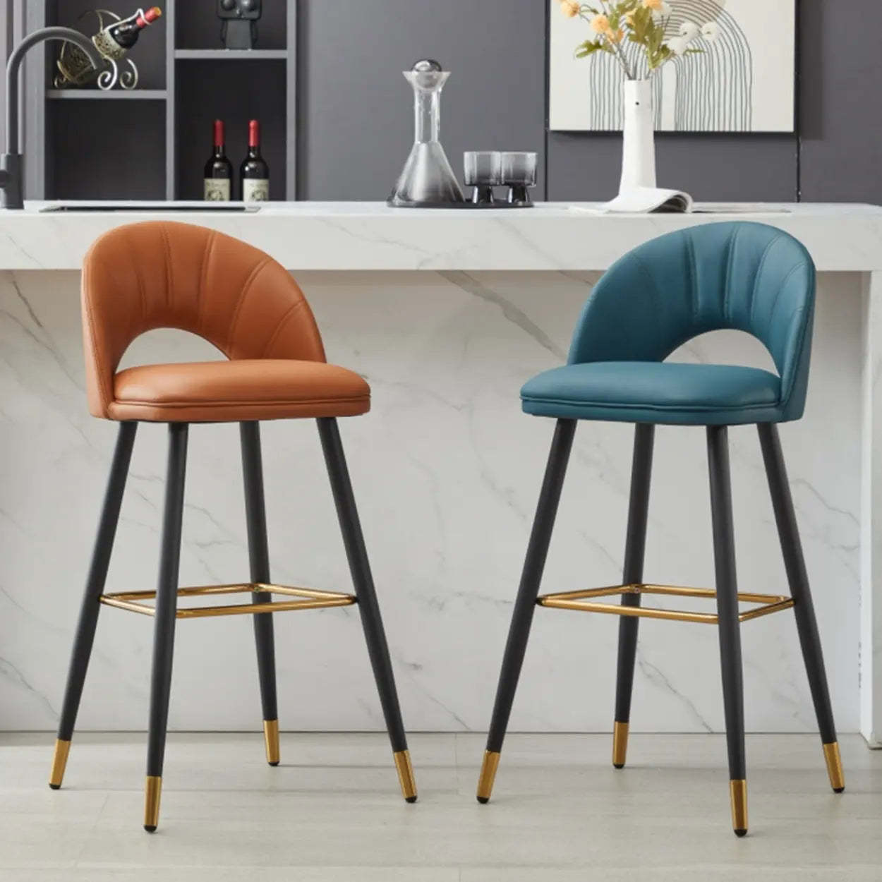Contemporary Leather Curved Back Bar Stool — Beige