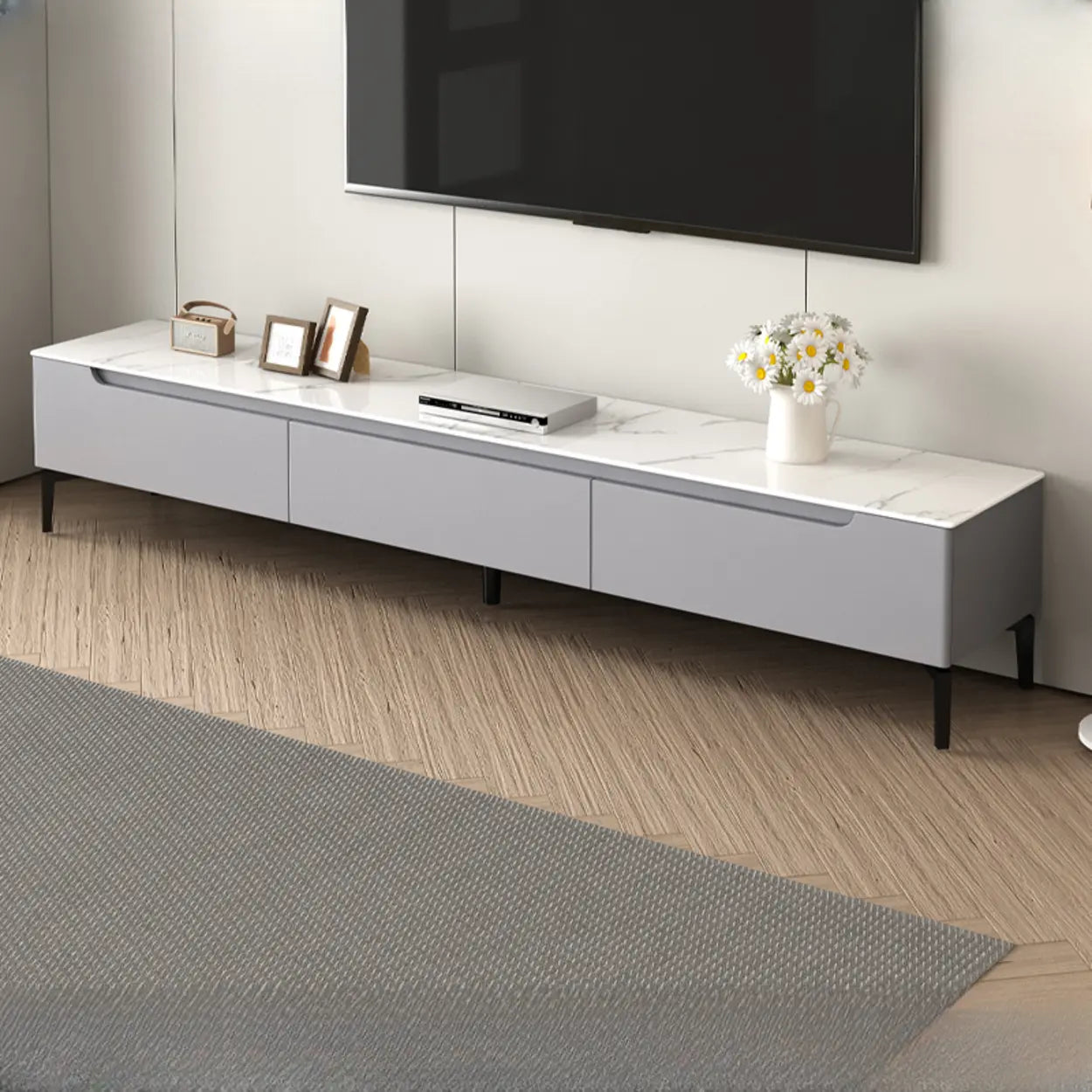 Contemporary Light Gray Stone TV Stand — Warm White