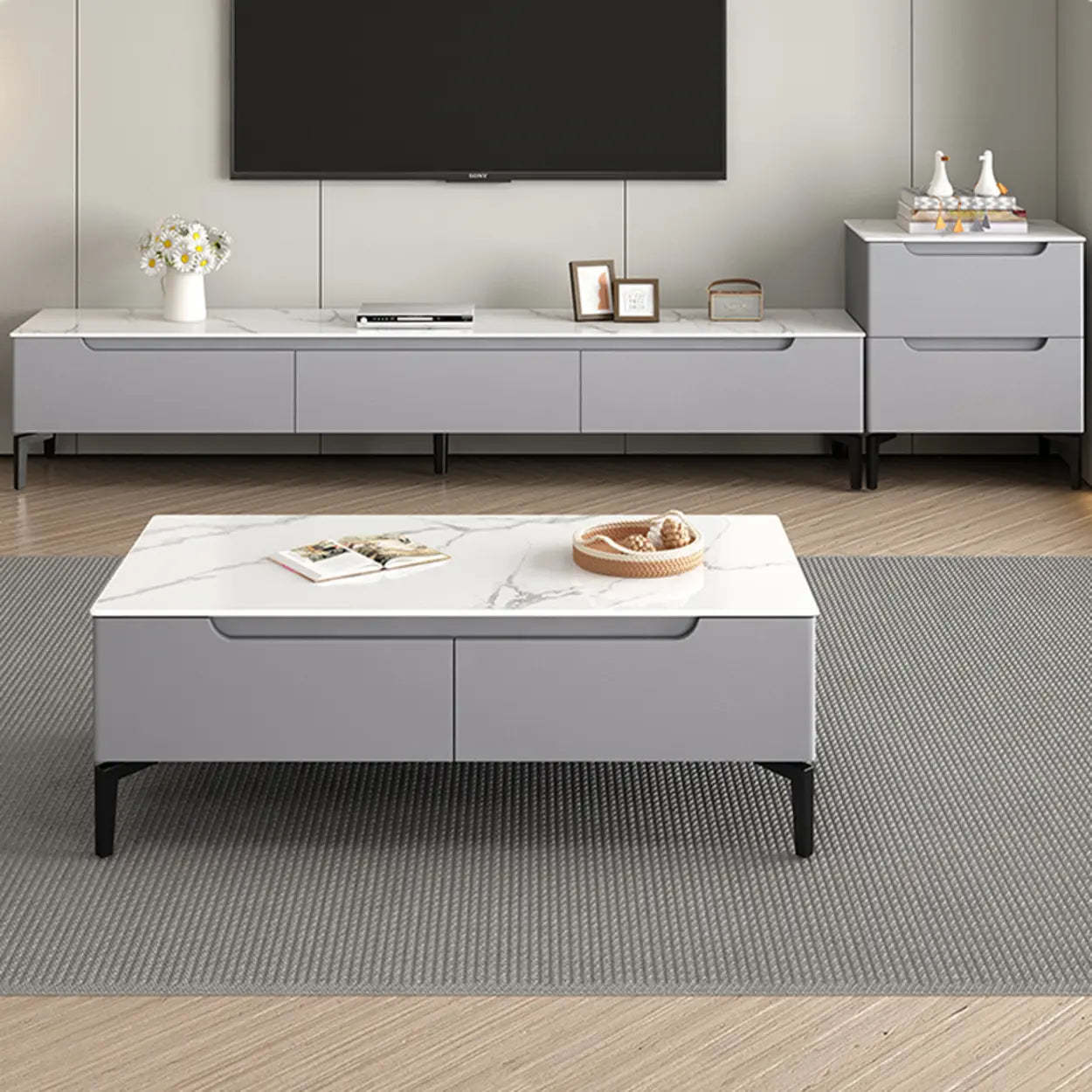 Contemporary Light Gray Stone TV Stand — Warm White