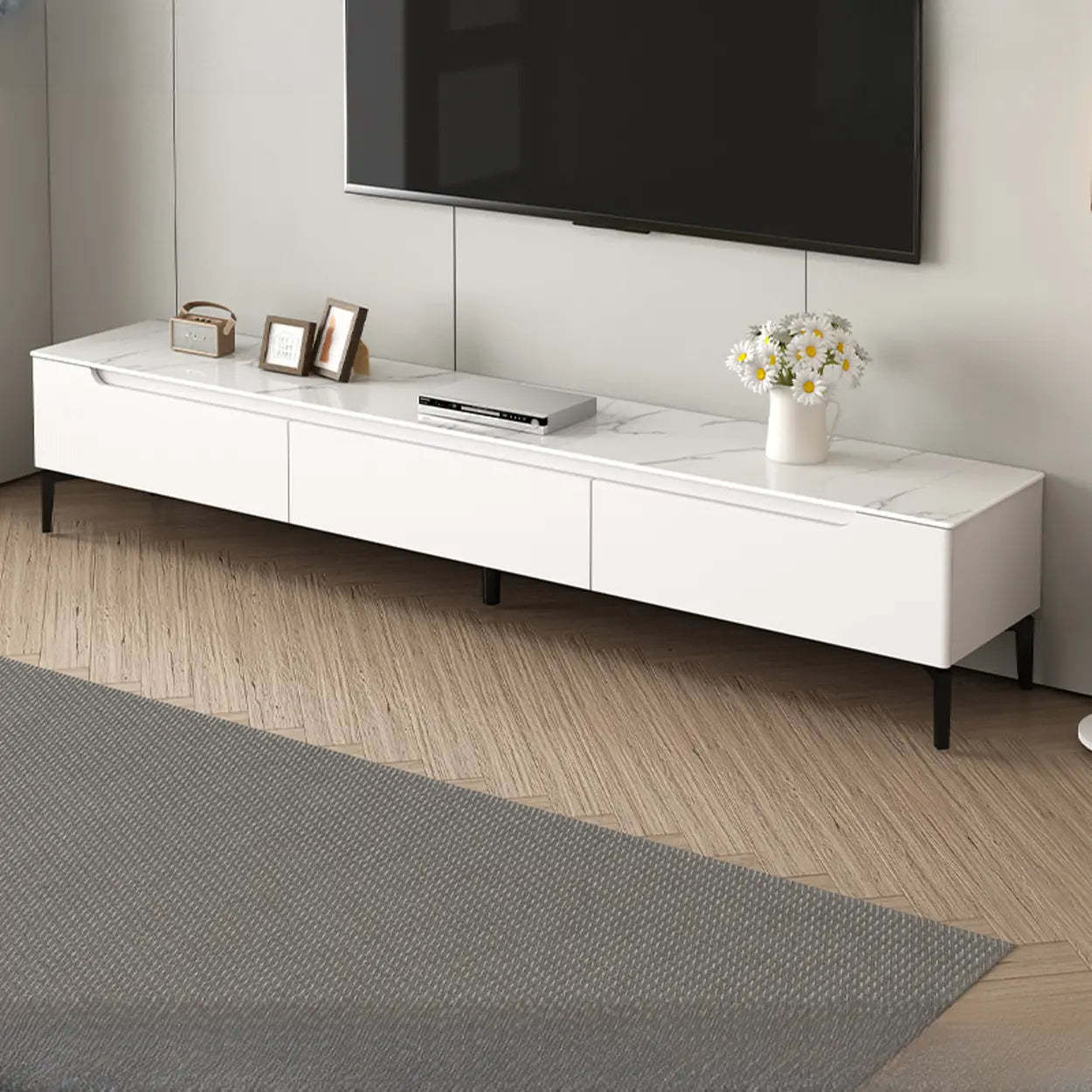 Contemporary Light Gray Stone TV Stand — Warm White