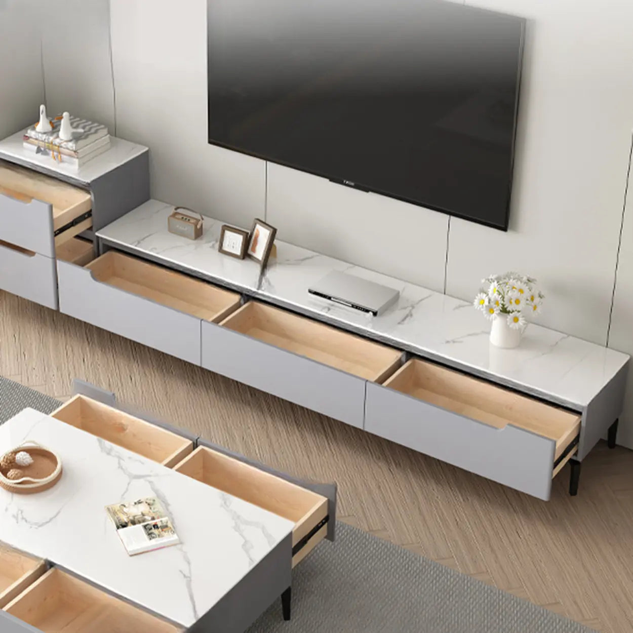 Contemporary Light Gray Stone TV Stand — Light Gray