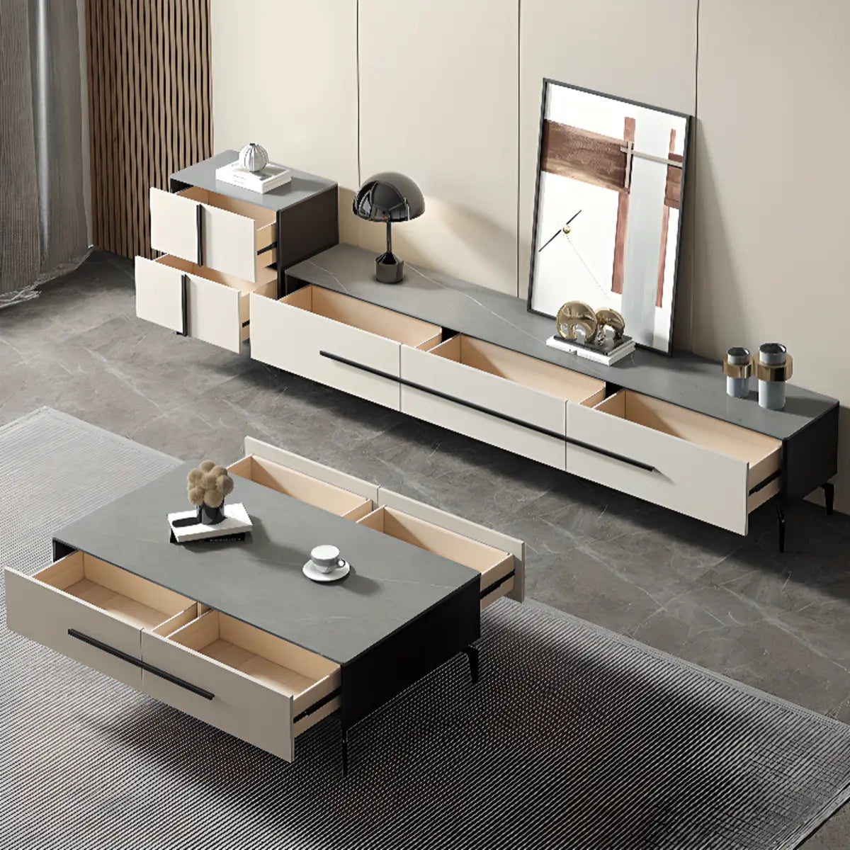 Contemporary Stone Rectangular TV Stand — Glass