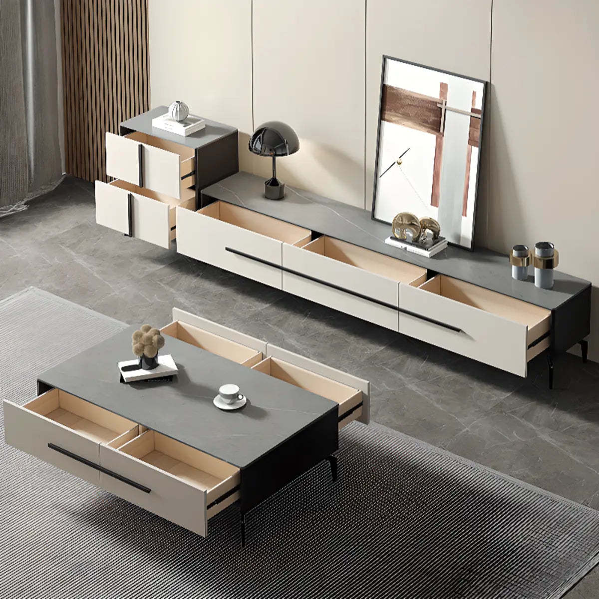 Contemporary Stone Rectangular TV Stand — Glass