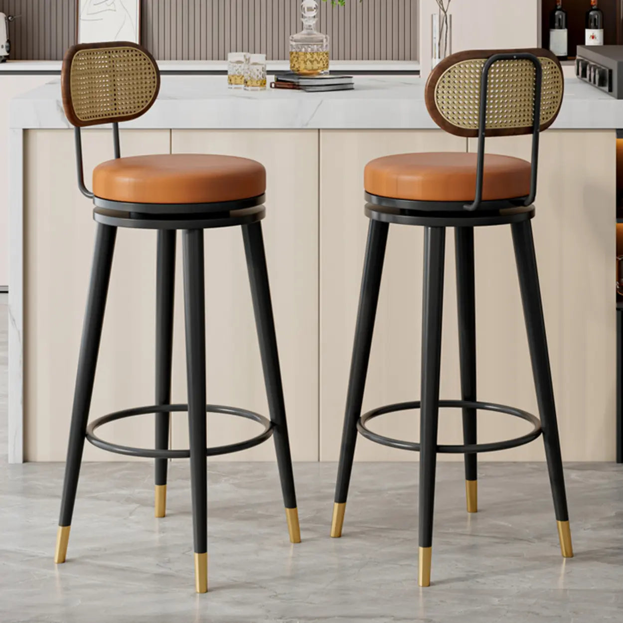 Contemporary Metal Frame Round Bar Stool — Black/ Orange