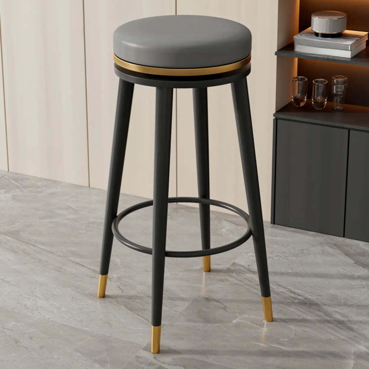 Contemporary Metal Frame Round Bar Stool — Natural/ Gold
