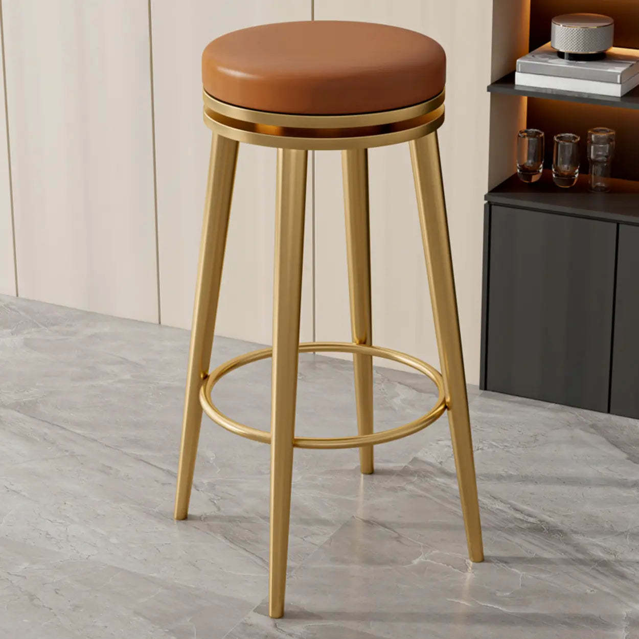 Contemporary Metal Frame Round Bar Stool — Natural/ Gold