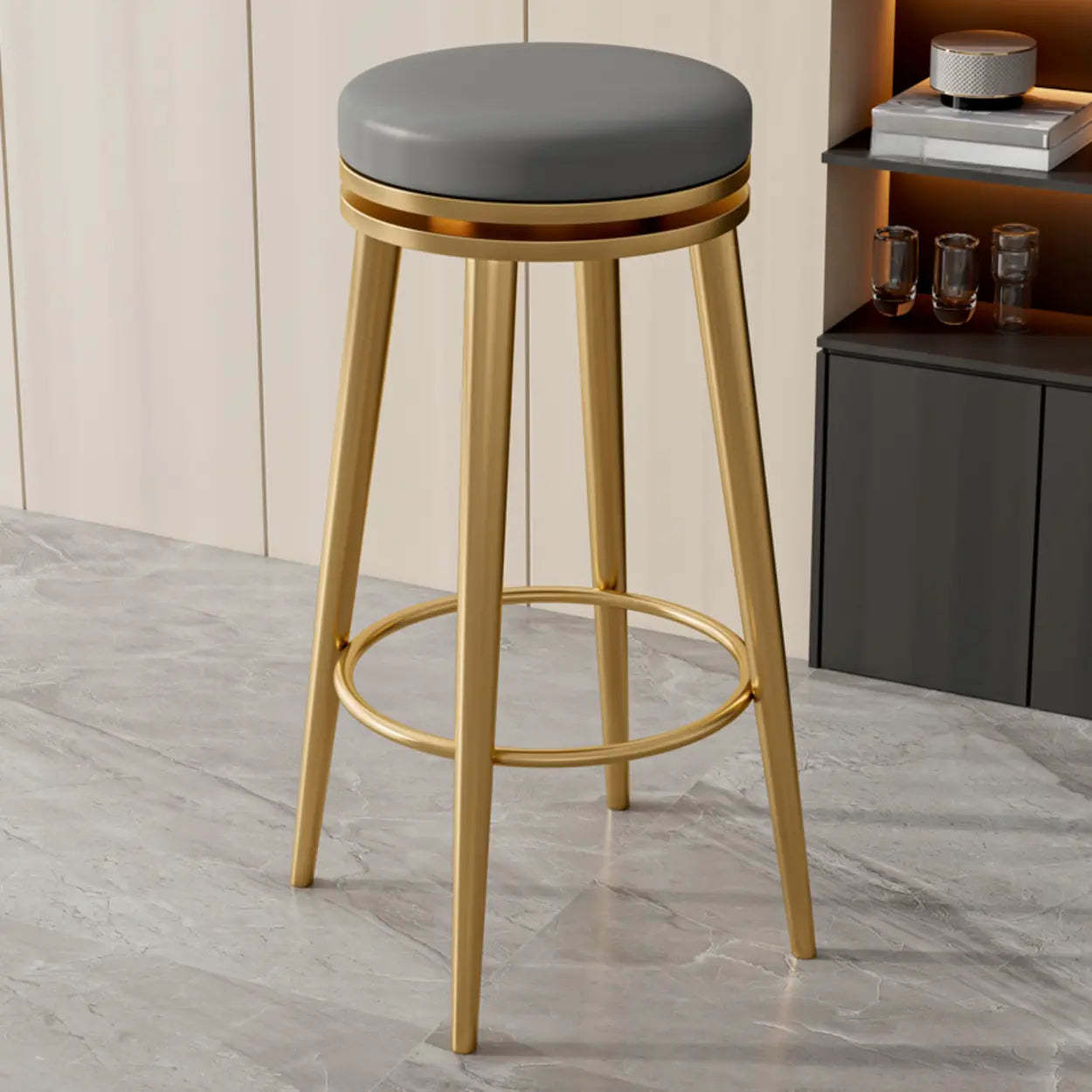 Contemporary Metal Frame Round Bar Stool — Orange/ Black