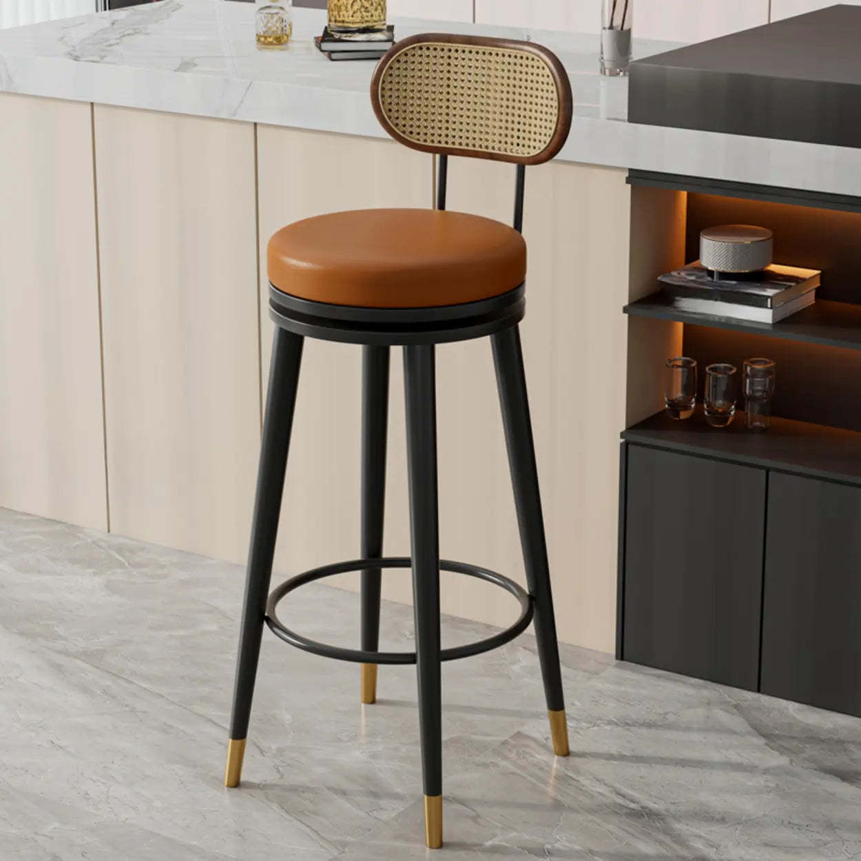 Contemporary Metal Frame Round Bar Stool — Black/ Orange