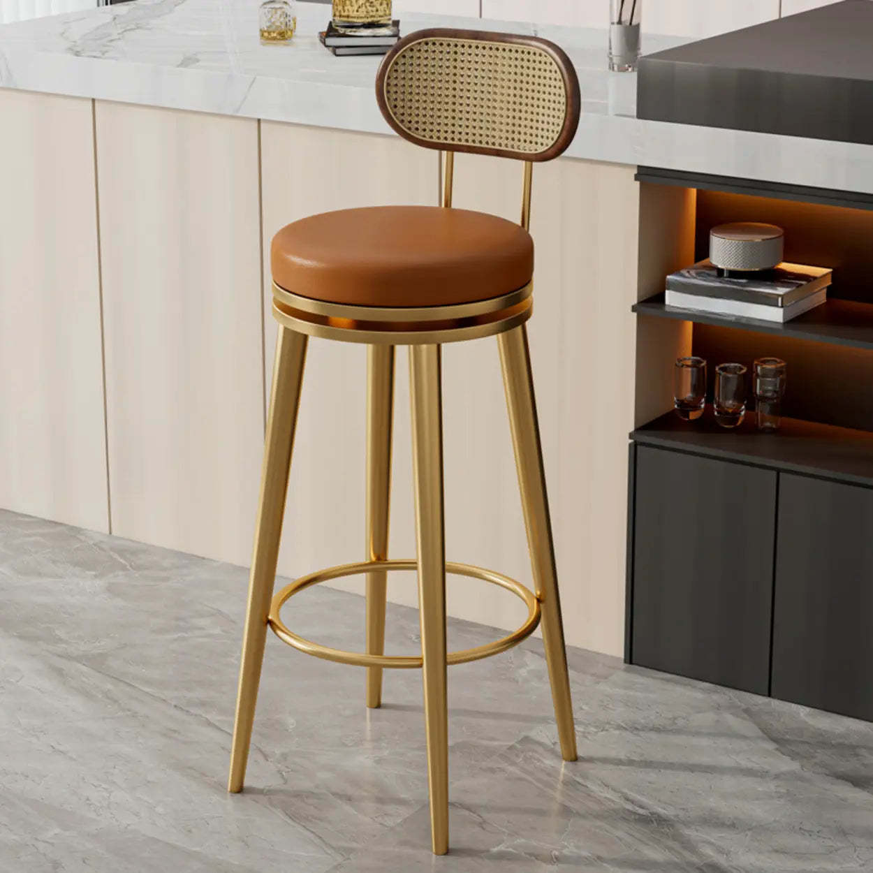 Contemporary Metal Frame Round Bar Stool — Black/ Orange