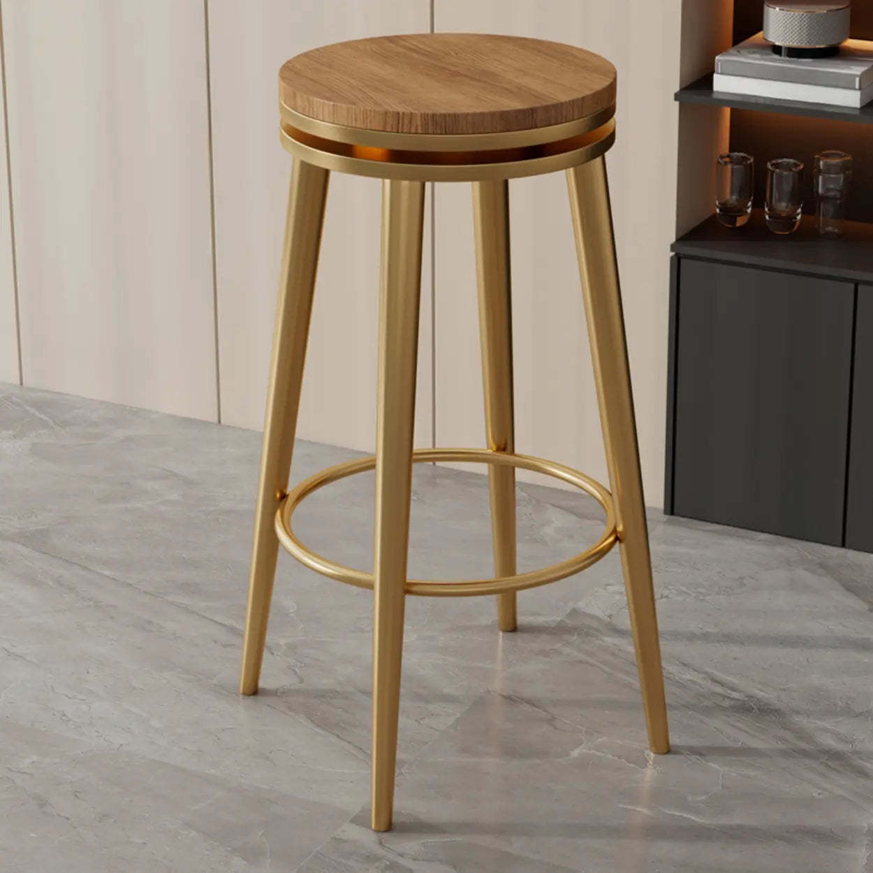 Contemporary Metal Frame Round Bar Stool — Wood-Black