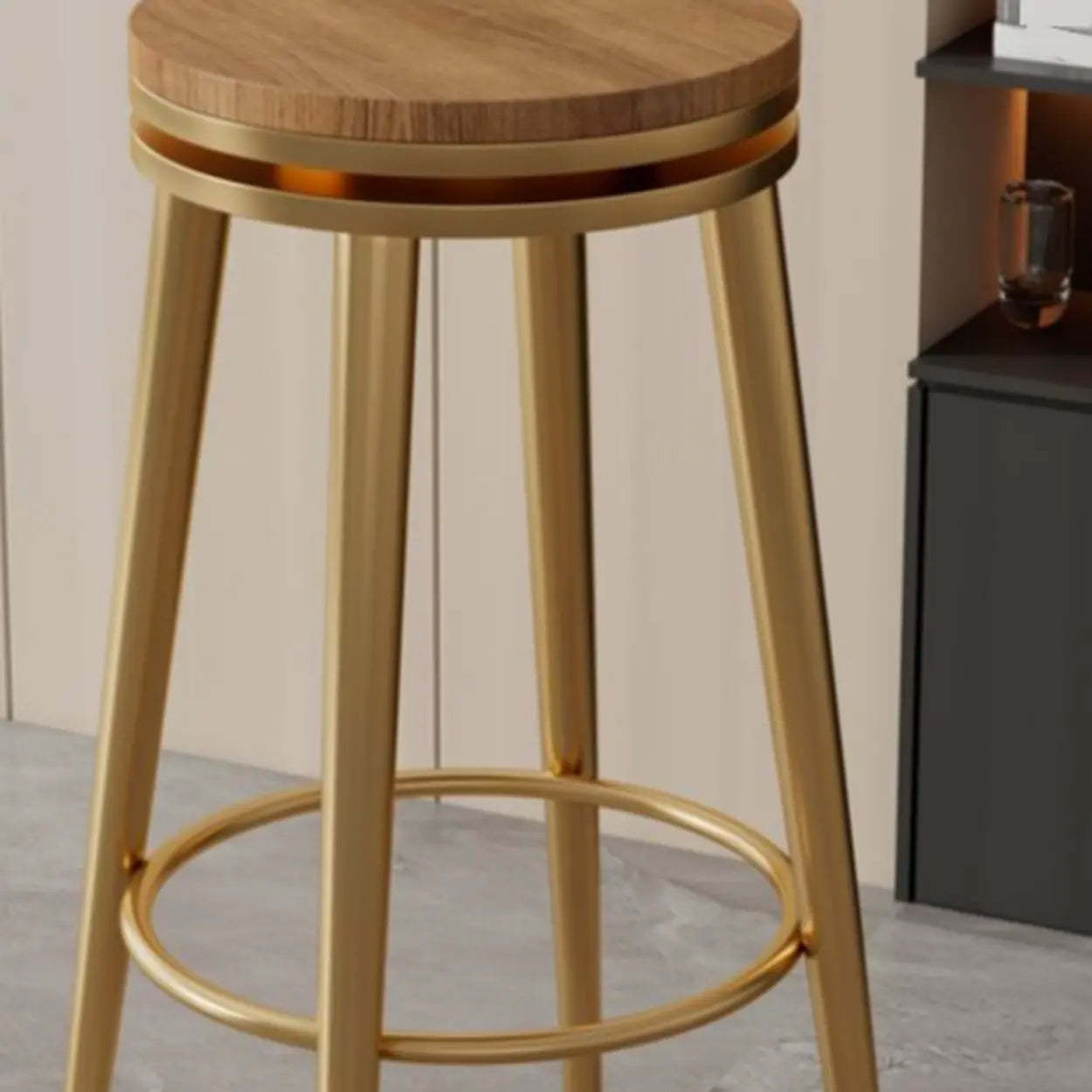 Contemporary Metal Frame Round Bar Stool — Wood-Black