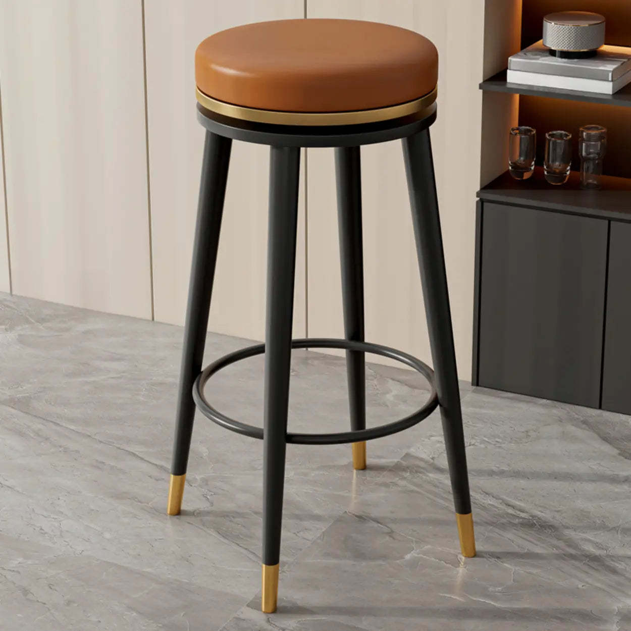 Contemporary Metal Frame Round Bar Stool — Wood-Black