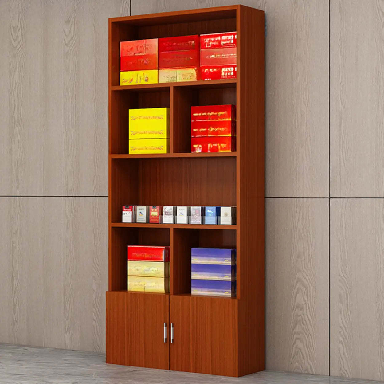 Modern storage open wood wine cabinets — 31.5" L x 9.4" W x 70.9" H / Teak