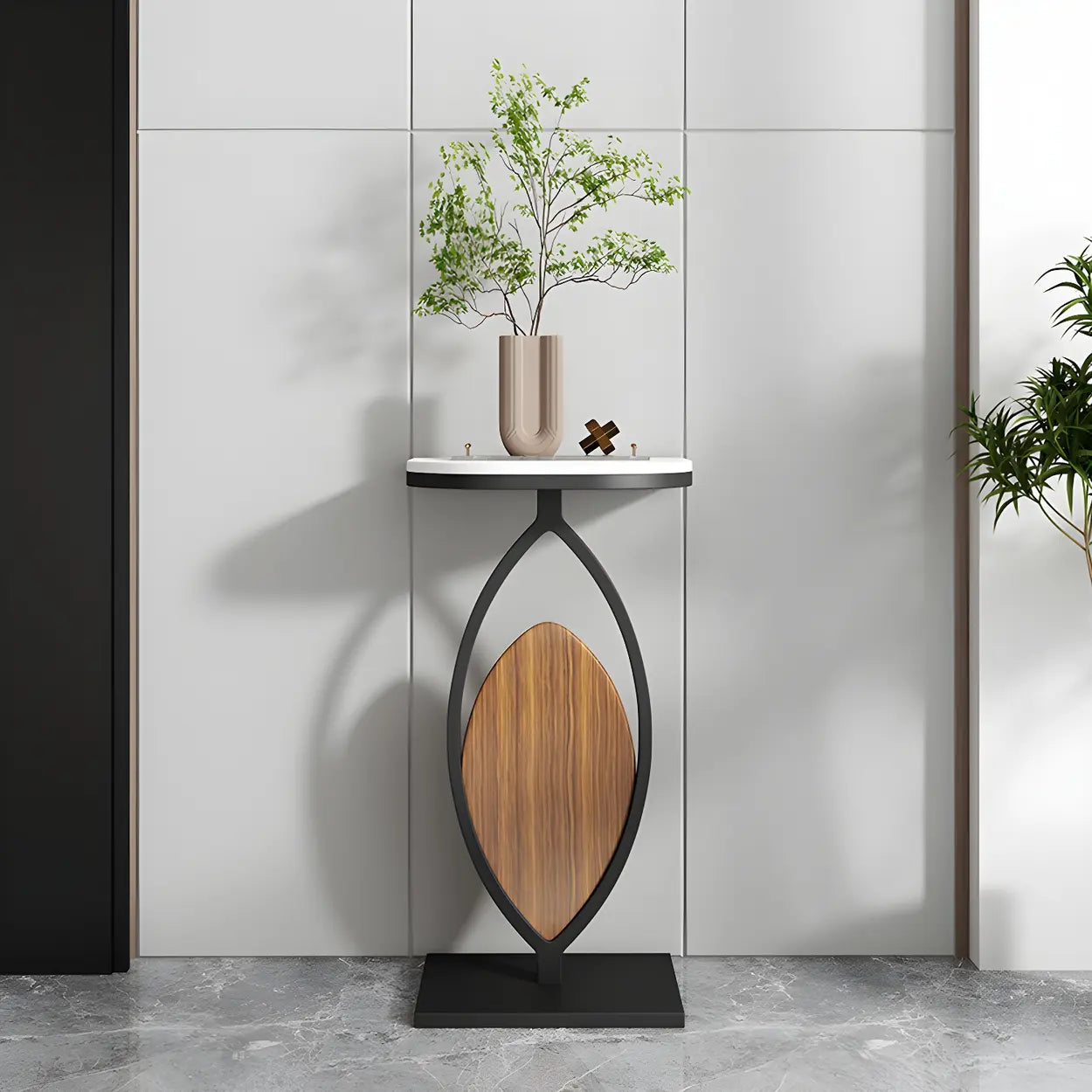 Contemporary Oval Metal Black Stone Plant Stand — White-Black