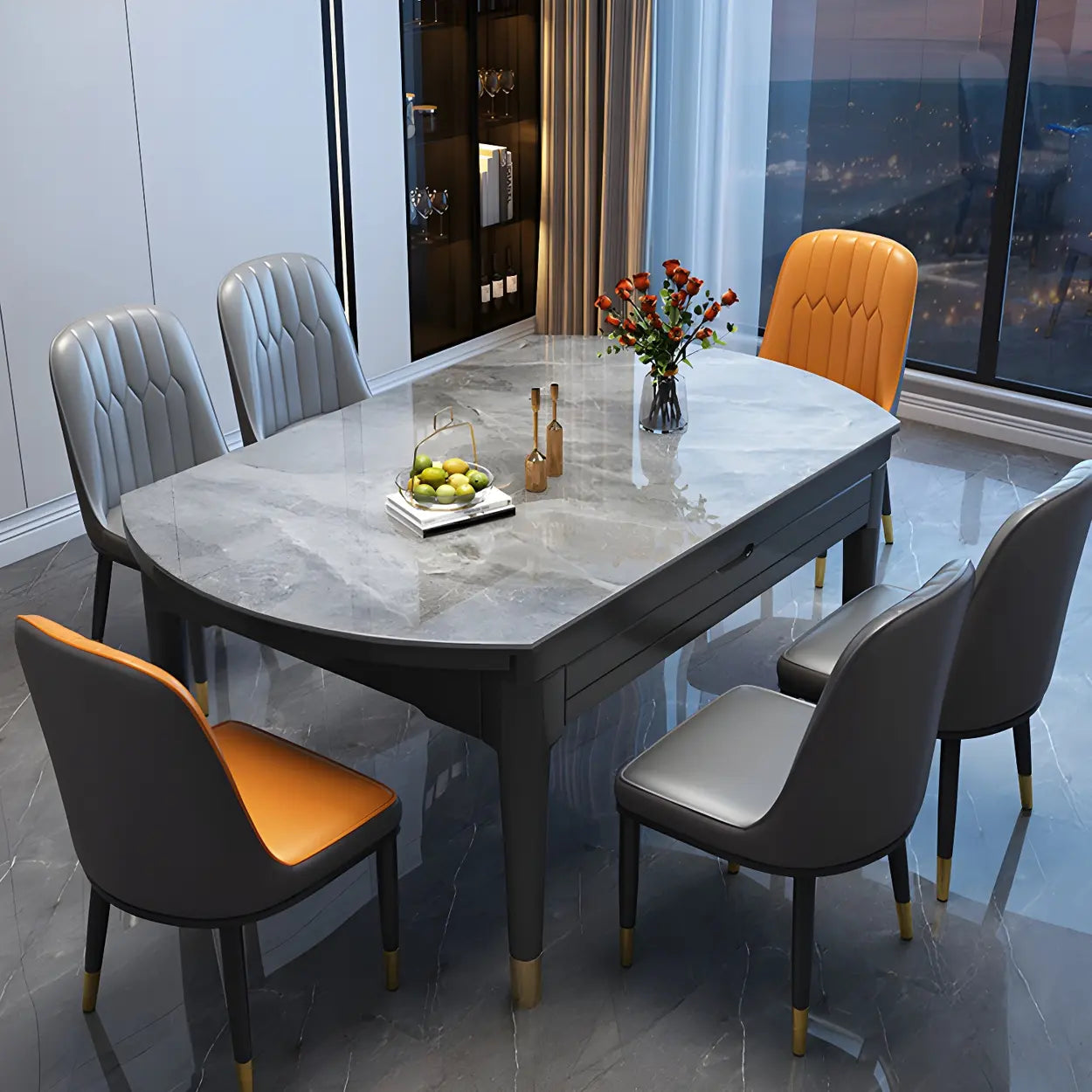 Contemporary Oval Gray Marble Extendable Dining Table