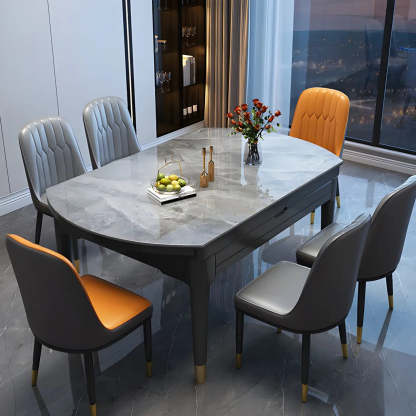 Contemporary Oval Gray Marble Extendable Dining Table — White / Table Only