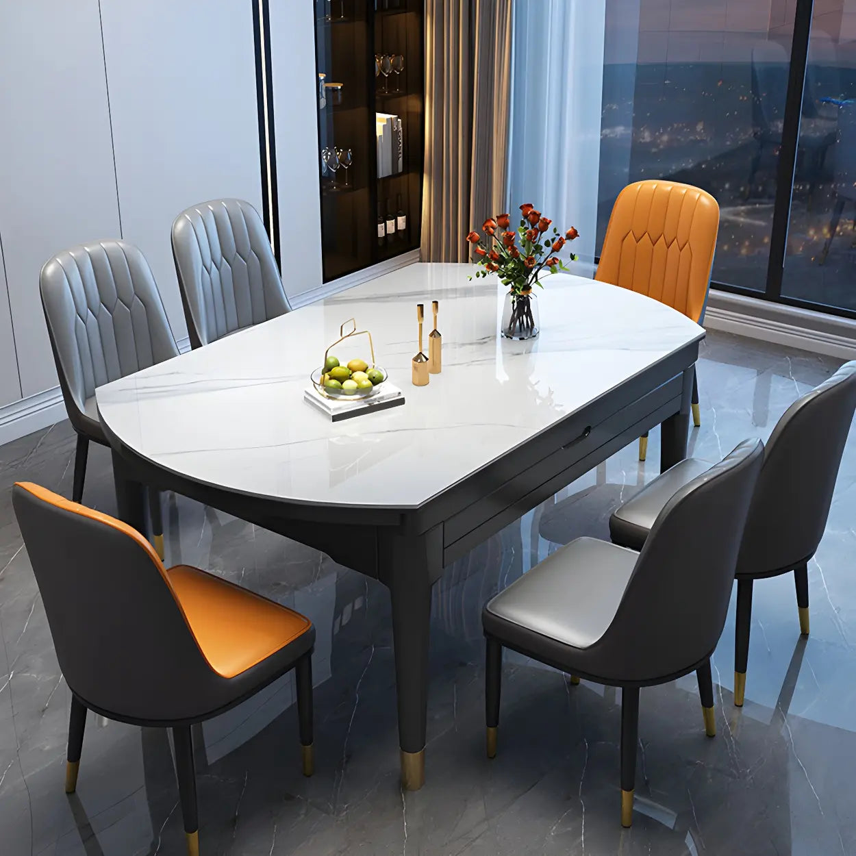 Contemporary Oval Gray Marble Extendable Dining Table — White / Table Only