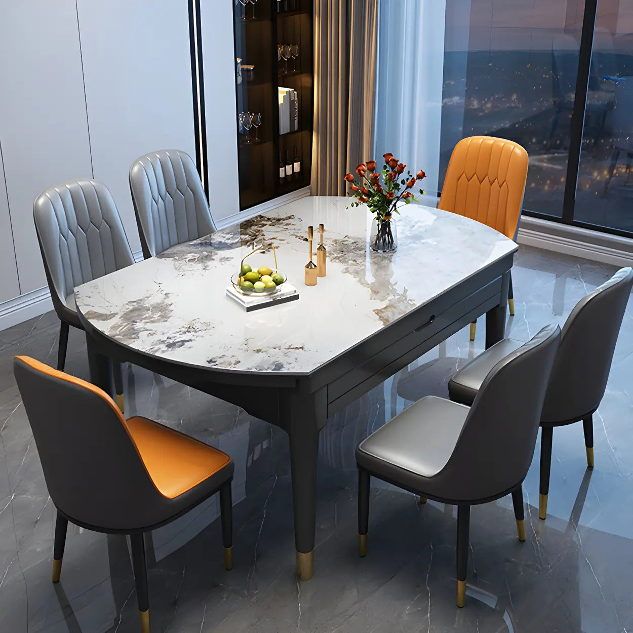 Contemporary Oval Gray Marble Extendable Dining Table — Gray / Table Only