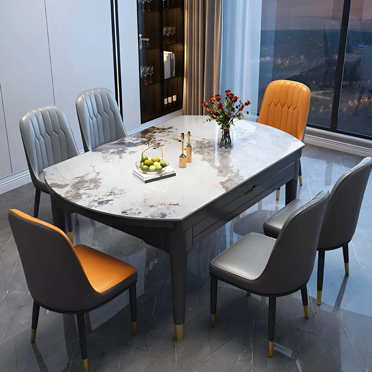 Contemporary Oval Gray Marble Extendable Dining Table — Gray / Table Only