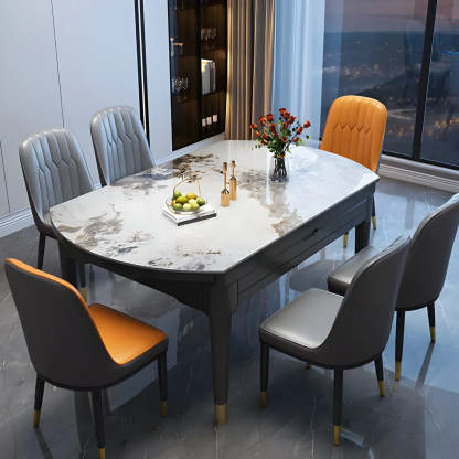 Contemporary Oval Gray Marble Extendable Dining Table — Black/ White / Table Only