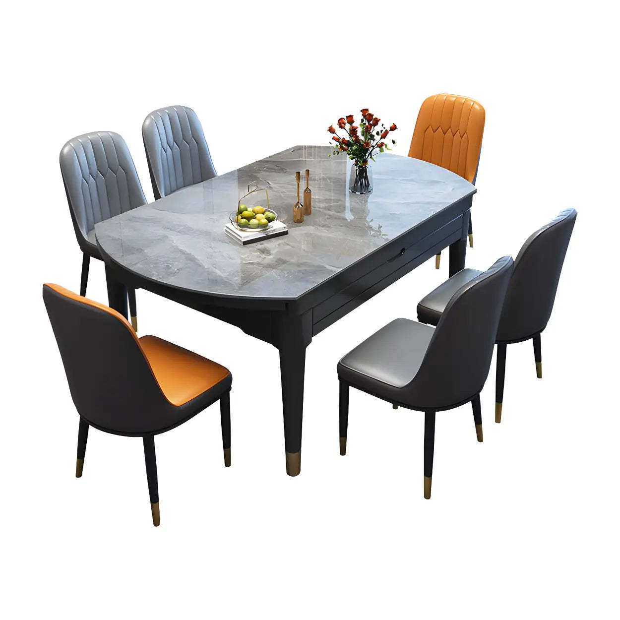 Contemporary Oval Gray Marble Extendable Dining Table — Black/ White / Table Only