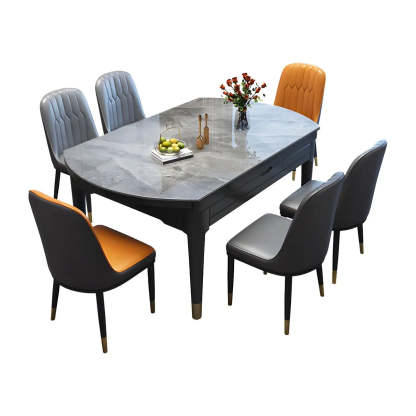 Contemporary Oval Gray Marble Extendable Dining Table — Black/ White / Table Only