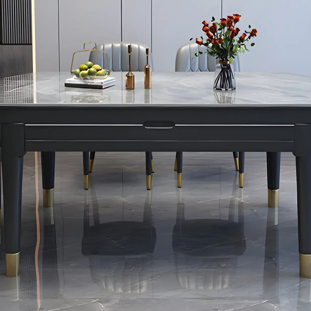 Contemporary Oval Gray Marble Extendable Dining Table — Black/ White / Table Only