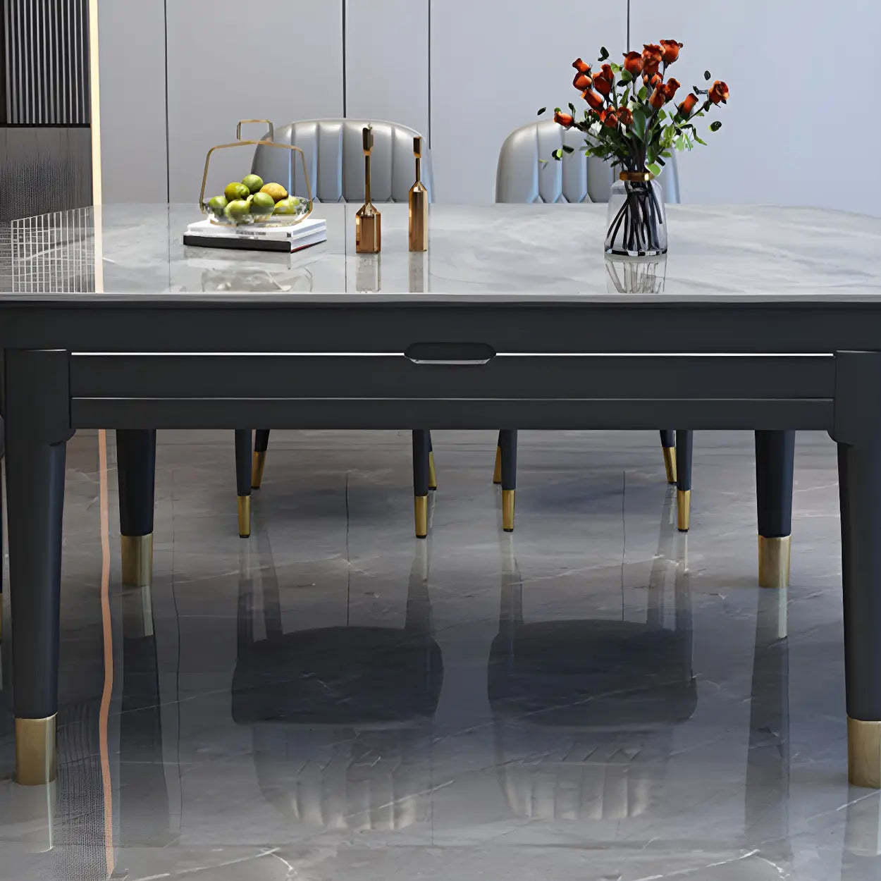 Contemporary Oval Gray Marble Extendable Dining Table — Black/ White / Table Only