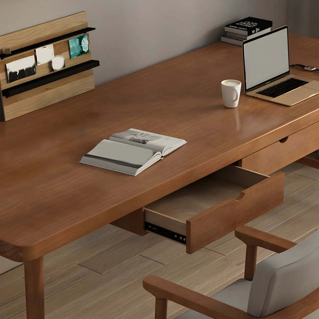 Contemporary Pine Wood Drawer H-Shape Writing Desk — 2 / Table Only