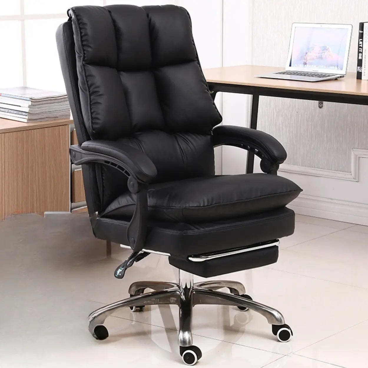 Leather reclining pink office chairs in leather — With Footrest / Black