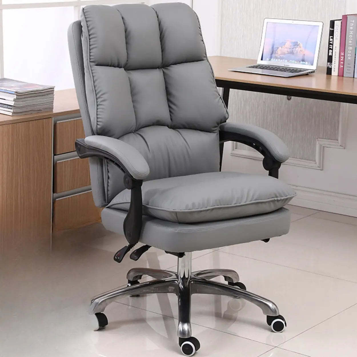 Contemporary Pink Leather Reclining Adjustable Office Chair — White / With Footrest