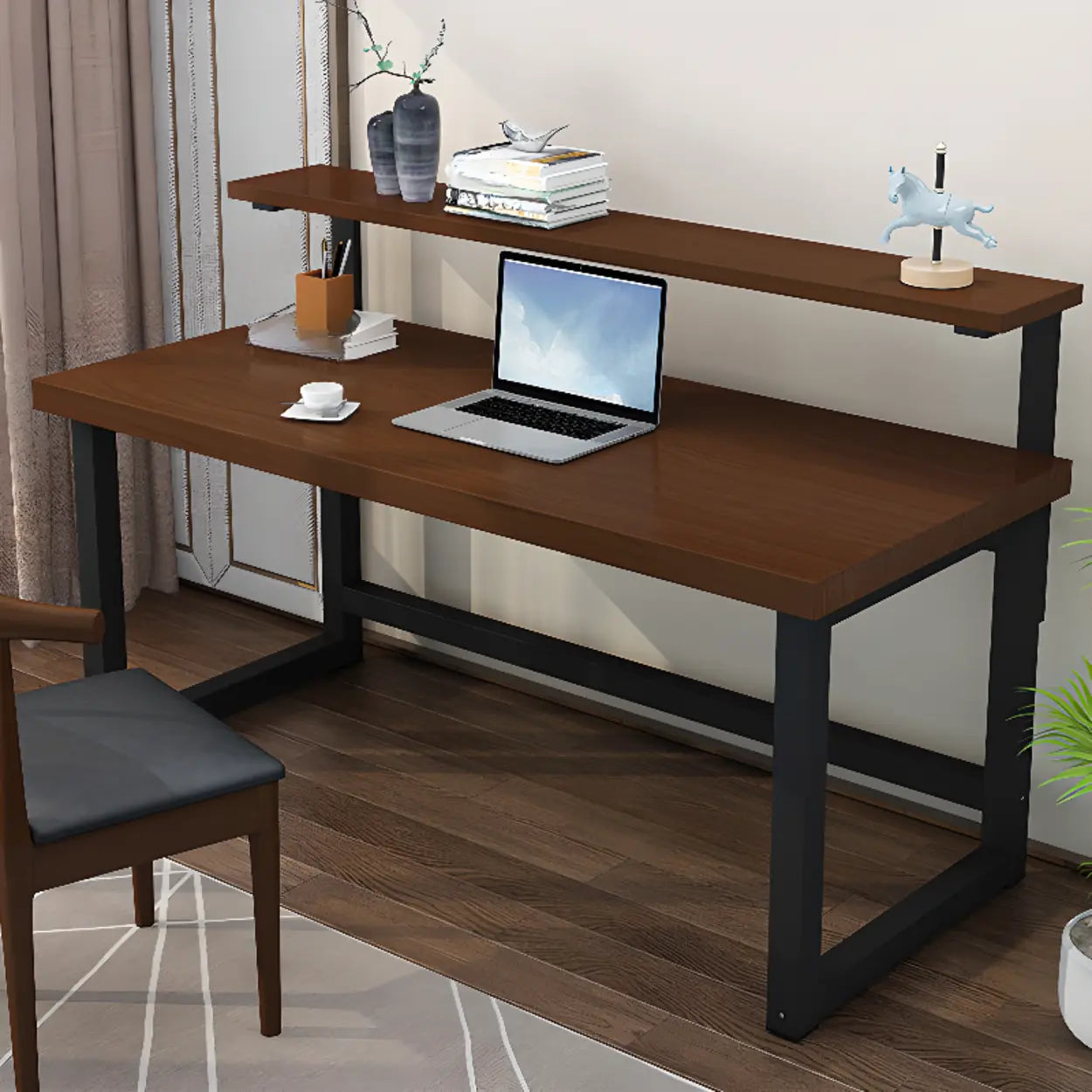 Contemporary Wood Hutch H-Shape Writing Desk — Nut-Brown / Table Only