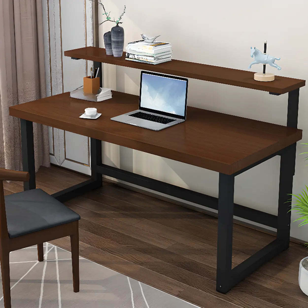 Contemporary Wood Hutch H-Shape Writing Desk — Nut-Brown / Table Only