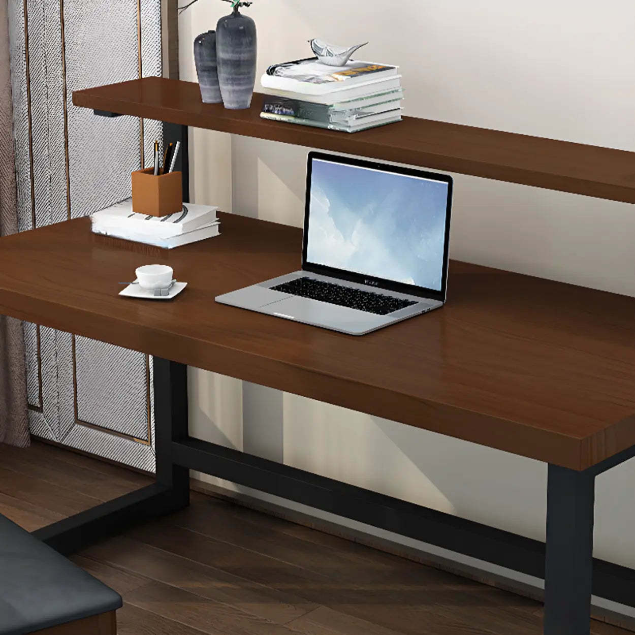 Contemporary Wood Hutch H-Shape Writing Desk — Nut-Brown / Table Only