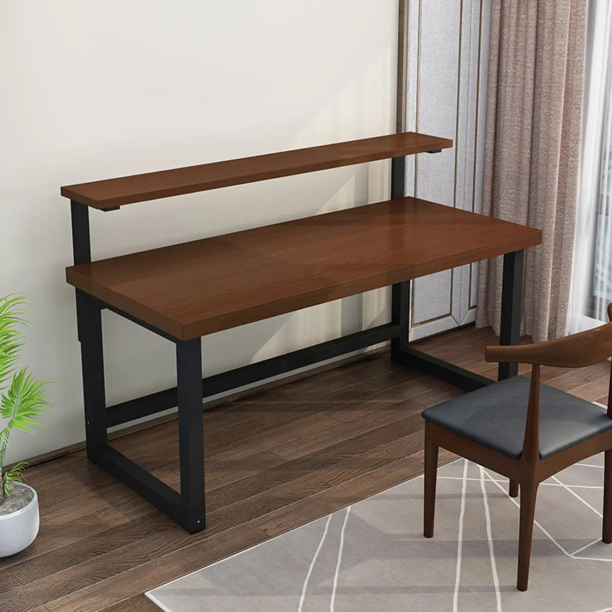 Contemporary Wood Hutch H-Shape Writing Desk — Nut-Brown / Table Only