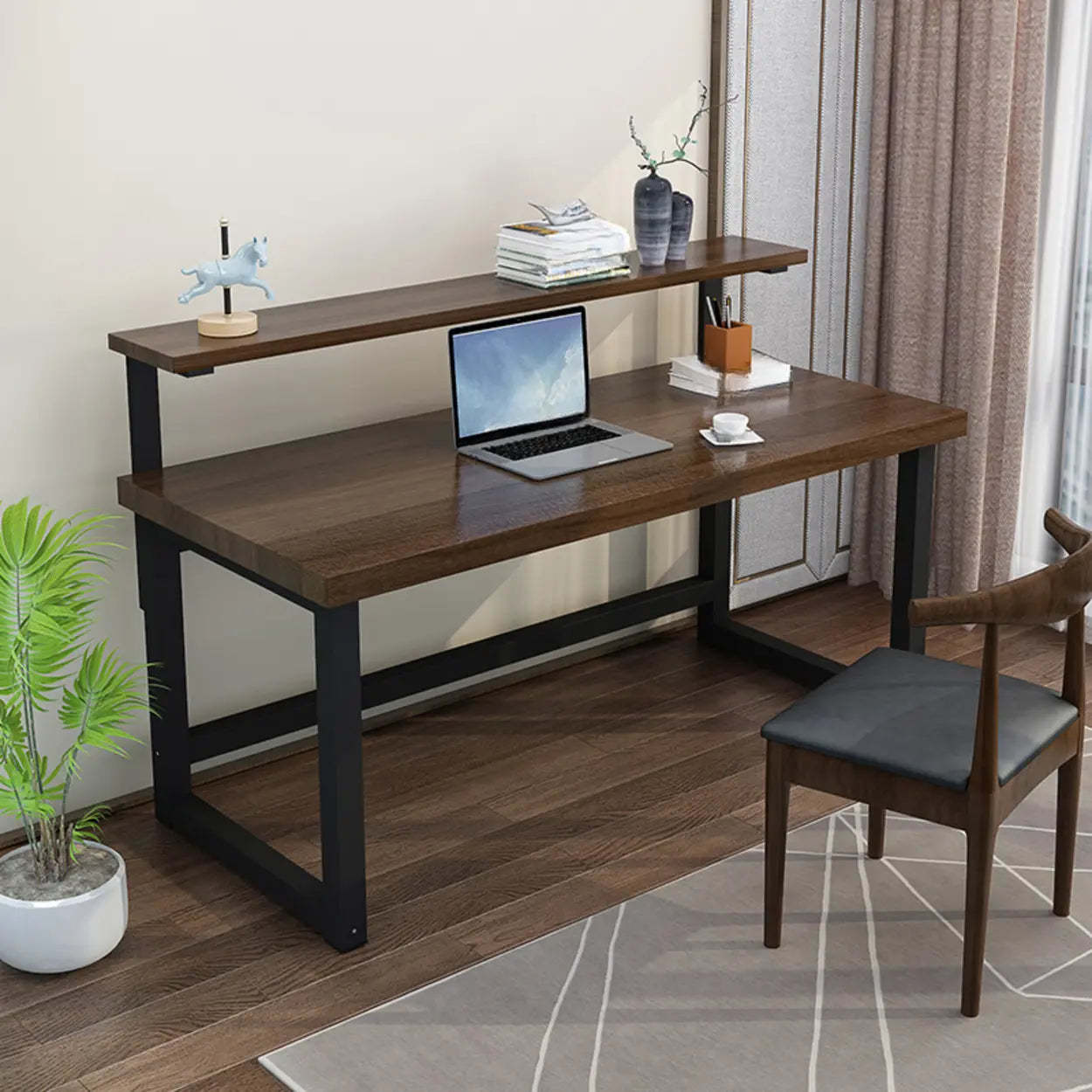 Contemporary Wood Hutch H-Shape Writing Desk — Nut-Brown / Table Only