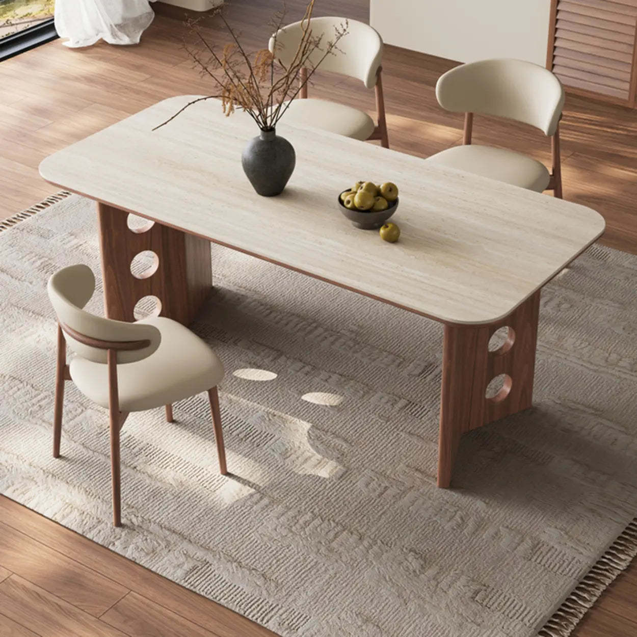 Contemporary Beige Stone Top Wood Dining Table — Table Only