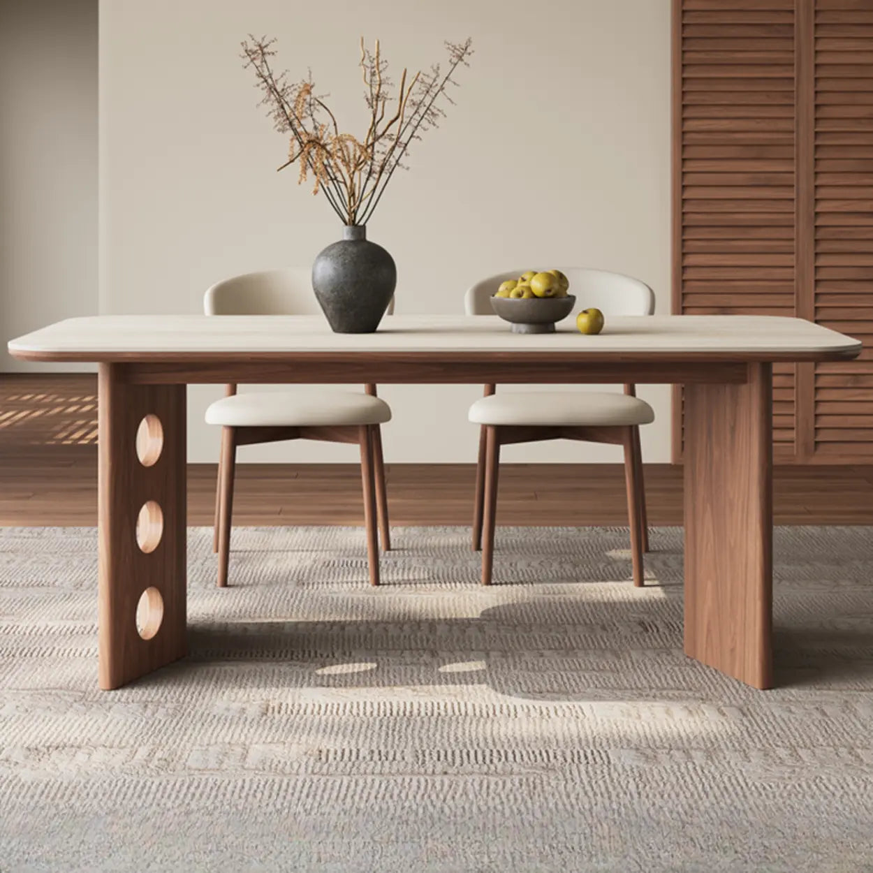 Contemporary Beige Stone Top Wood Dining Table — Table Only