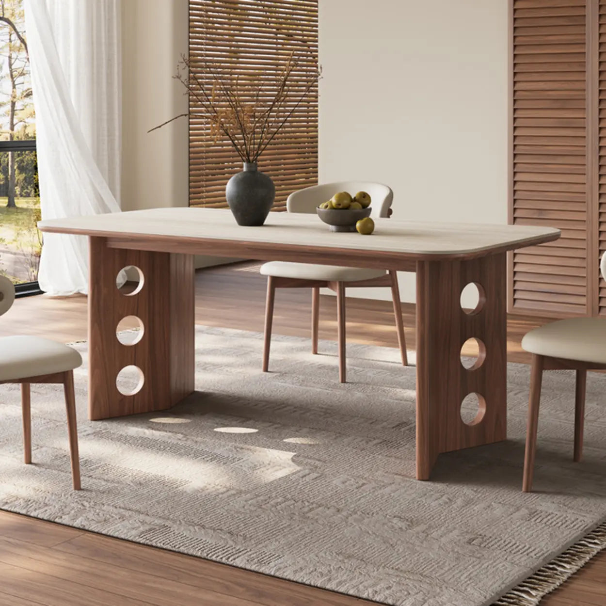Contemporary Beige Stone Top Wood Dining Table — Table Only