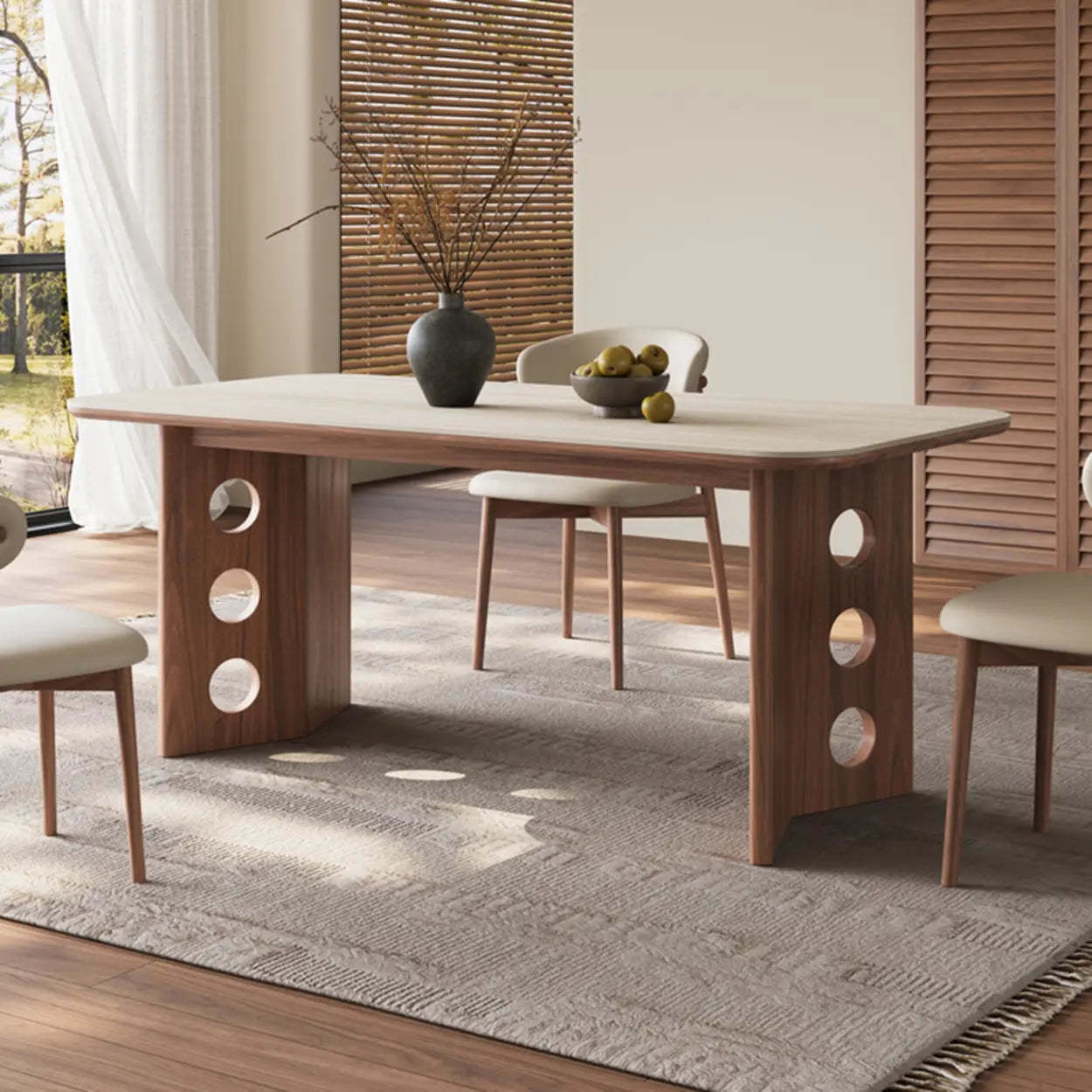 Contemporary Beige Stone Top Wood Dining Table — Table Only