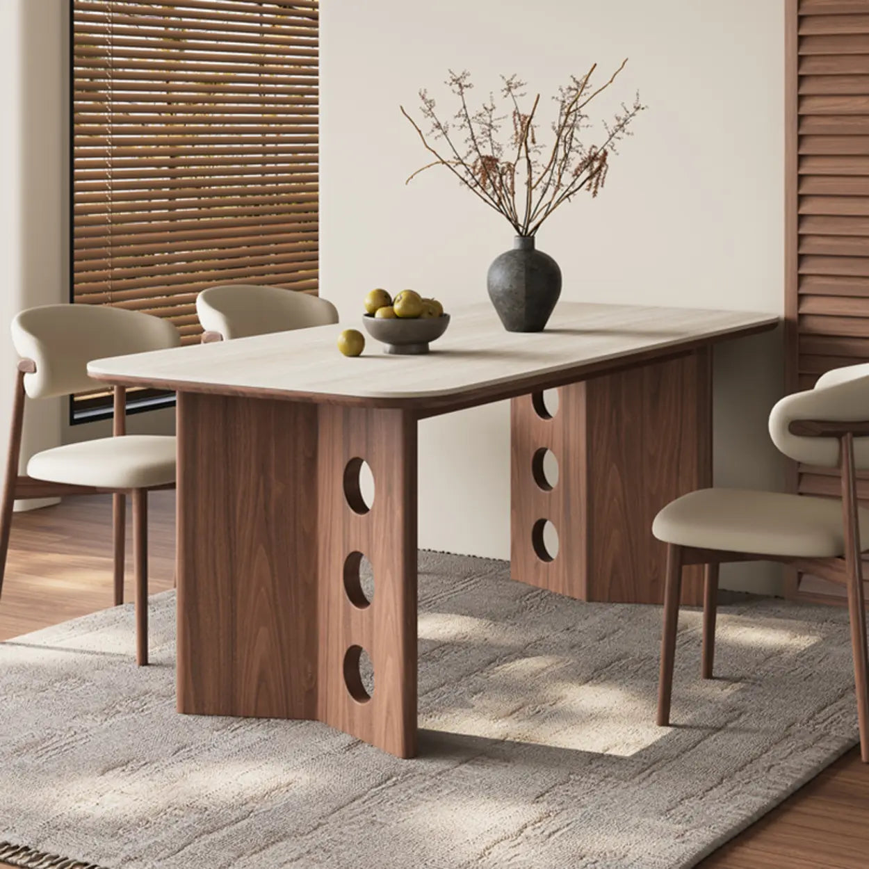Contemporary Beige Stone Top Wood Dining Table