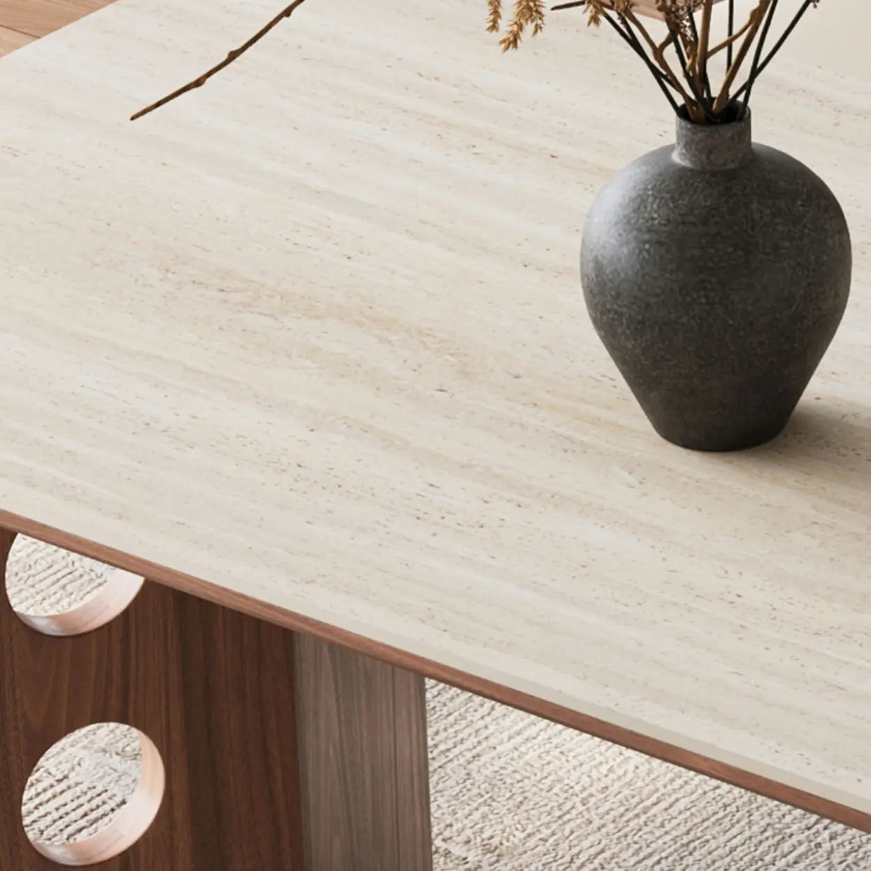 Contemporary Beige Stone Top Wood Dining Table