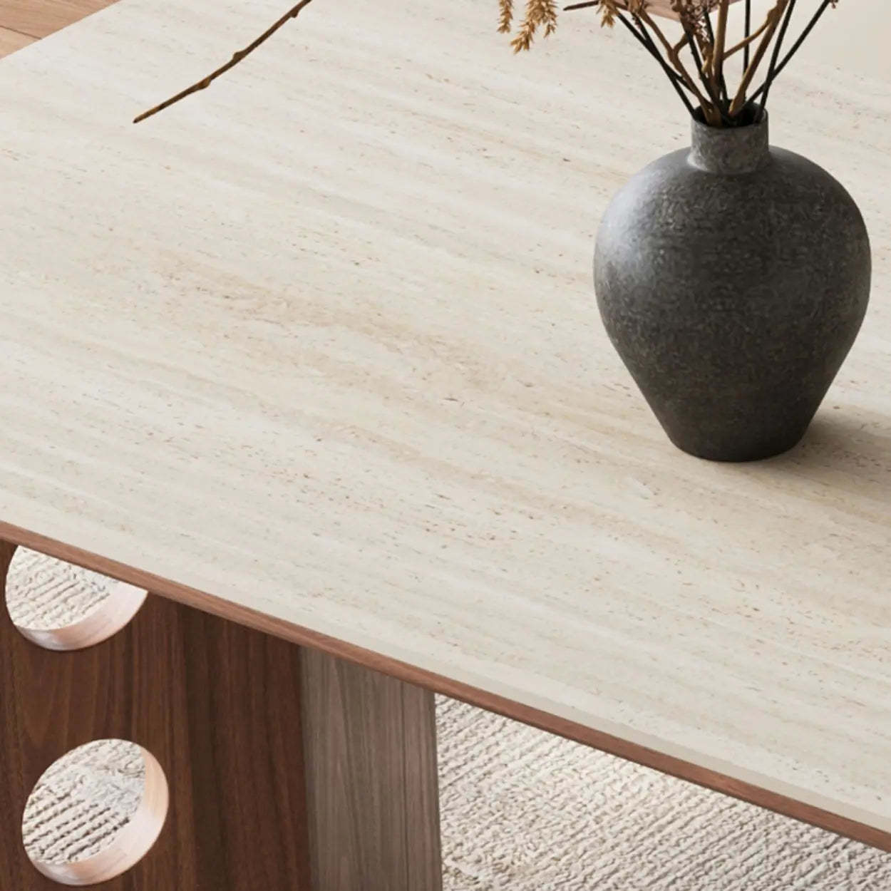 Contemporary Beige Stone Top Wood Dining Table