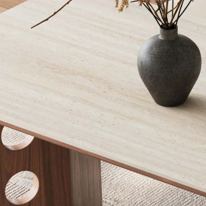 Contemporary Beige Stone Top Wood Dining Table