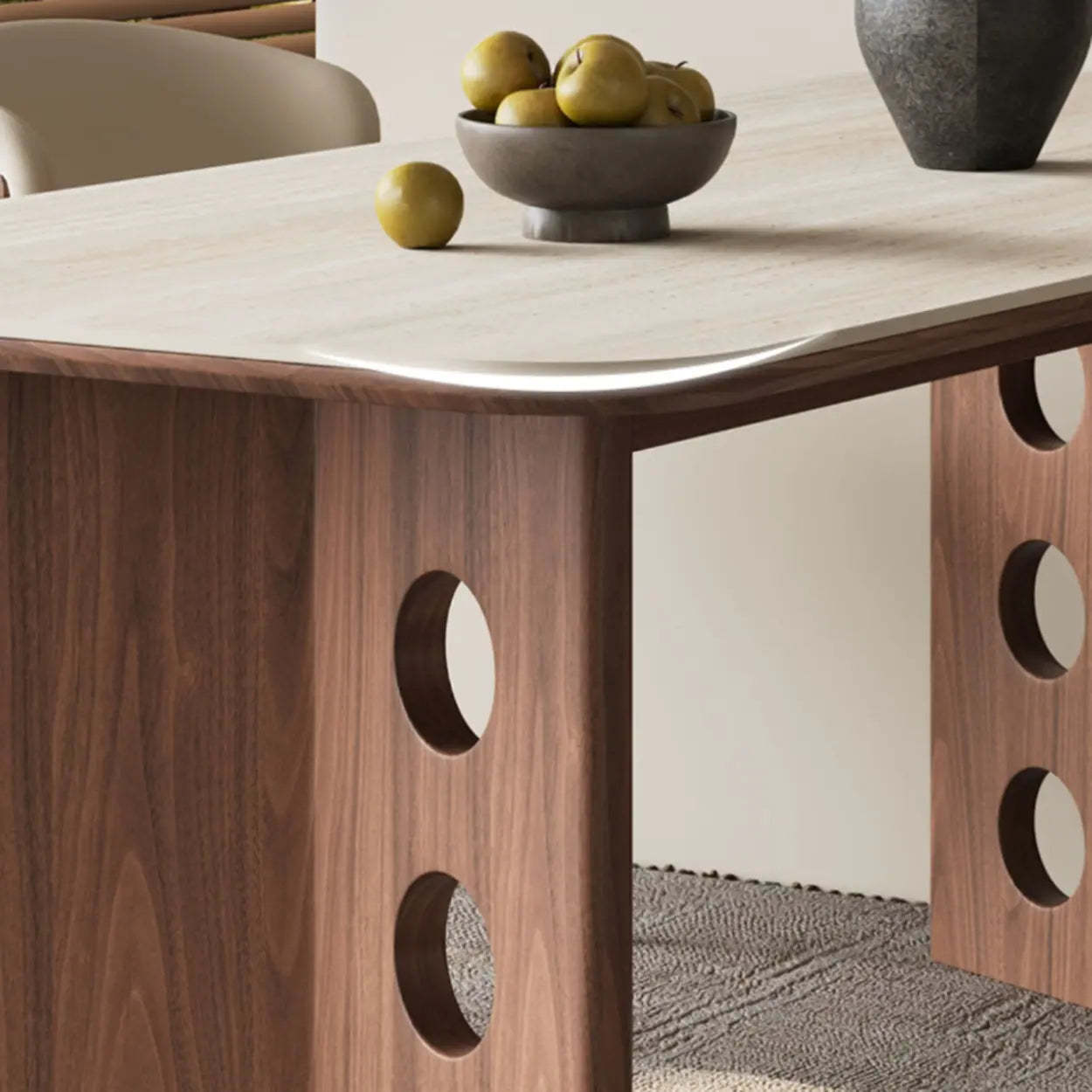Contemporary Beige Stone Top Wood Dining Table