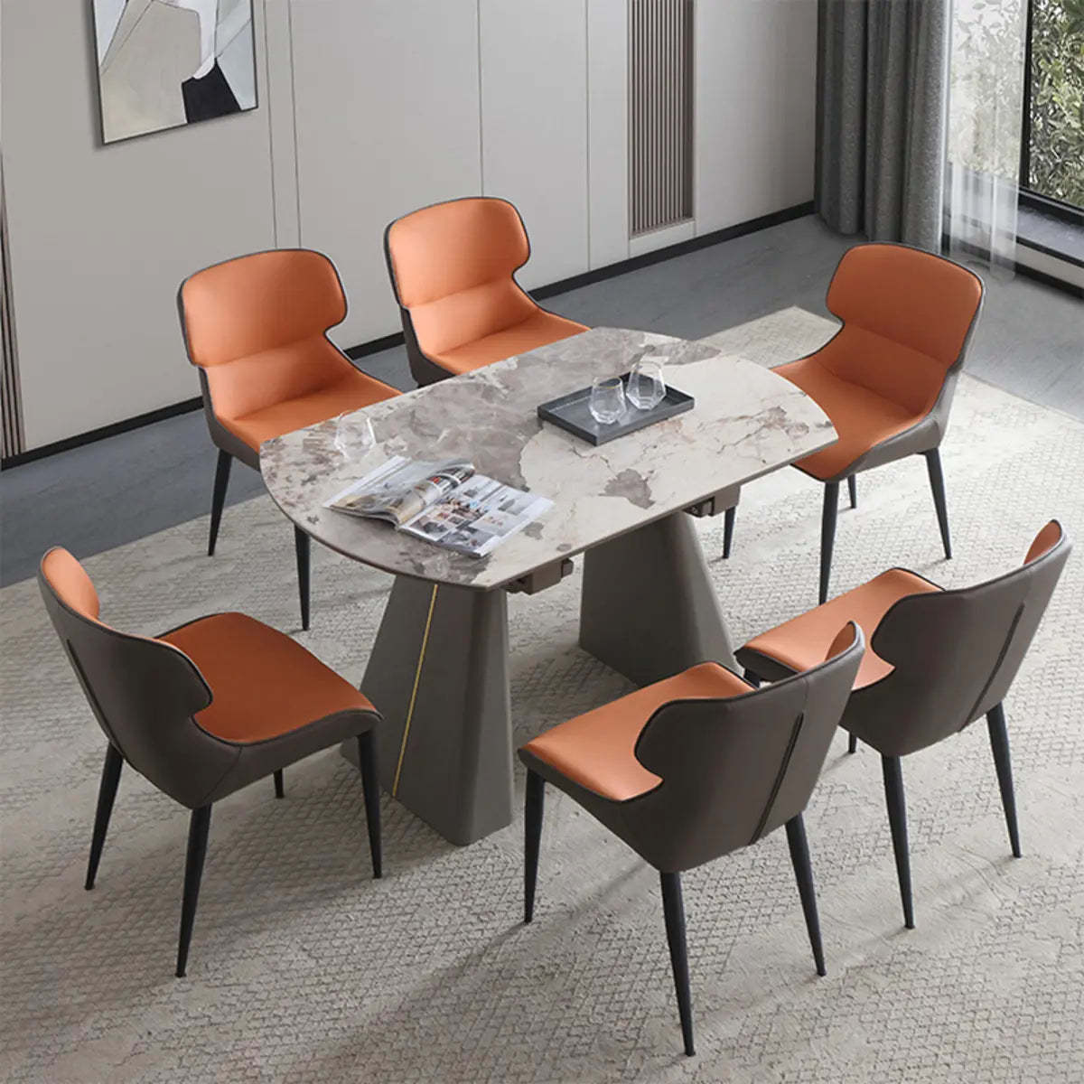 Contemporary Gray Marble Extendable Dining Table — Without Chairs