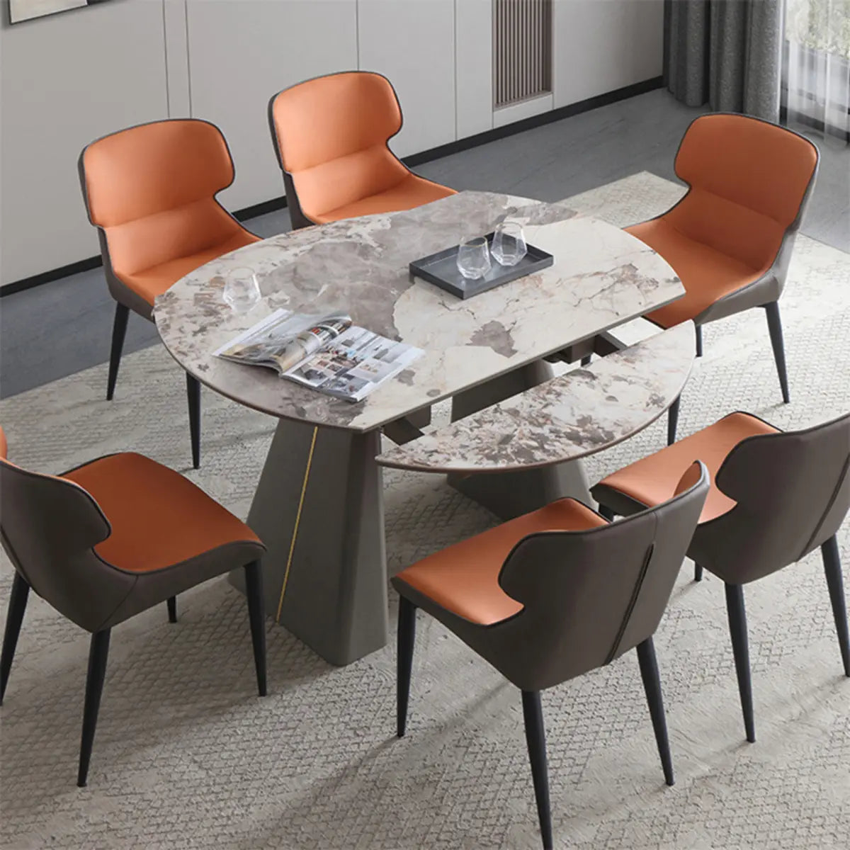 Contemporary Gray Marble Extendable Dining Table